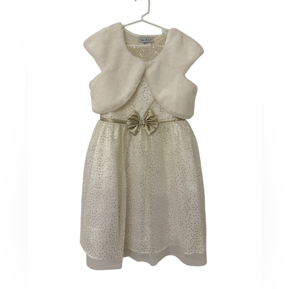 Girls Holiday Dress with Faux Fur Vest and Sequins